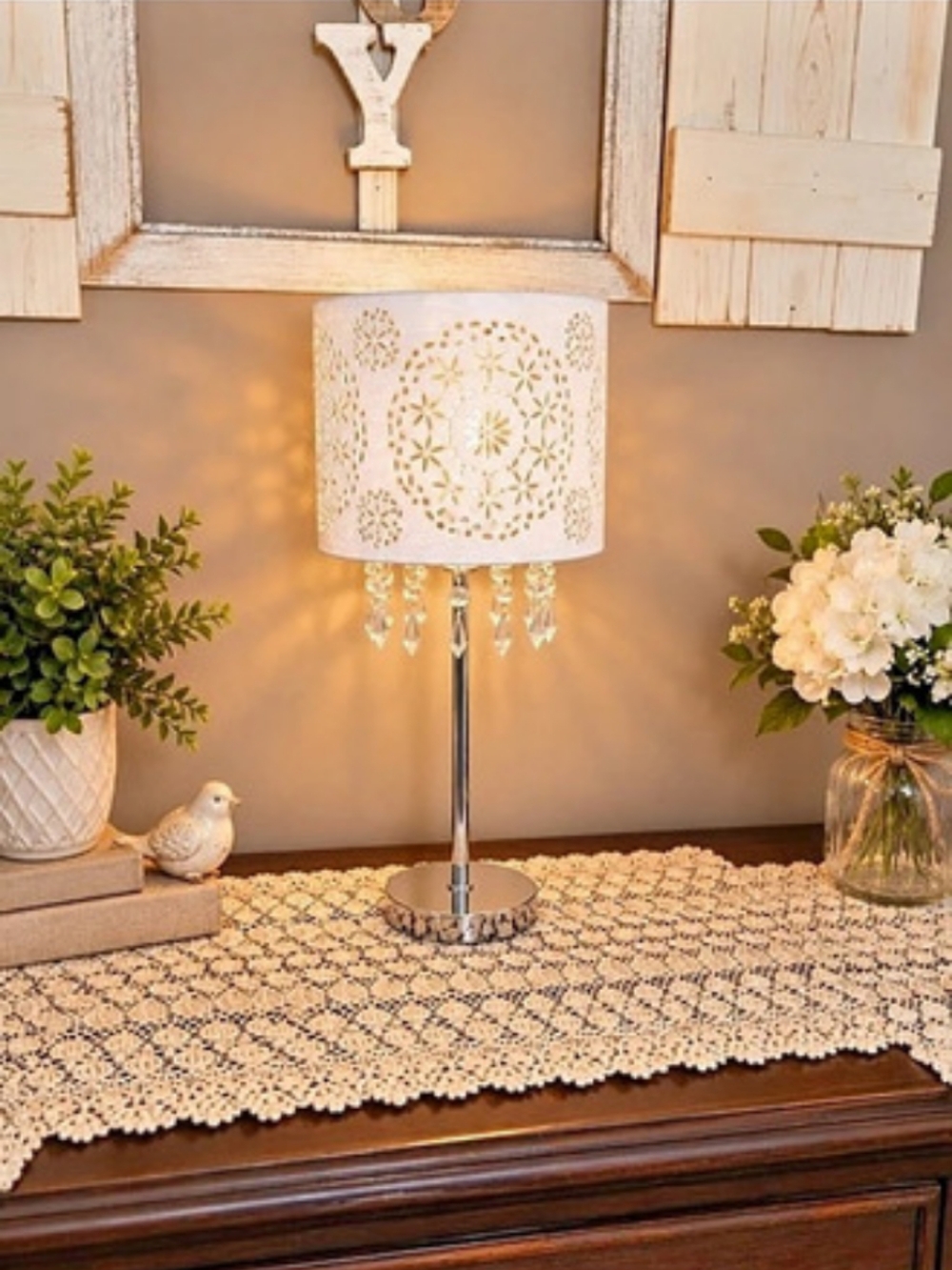 Floral Table Lamp in Silver White Hanging Droplets Cut Out Design On Lamp Shade
